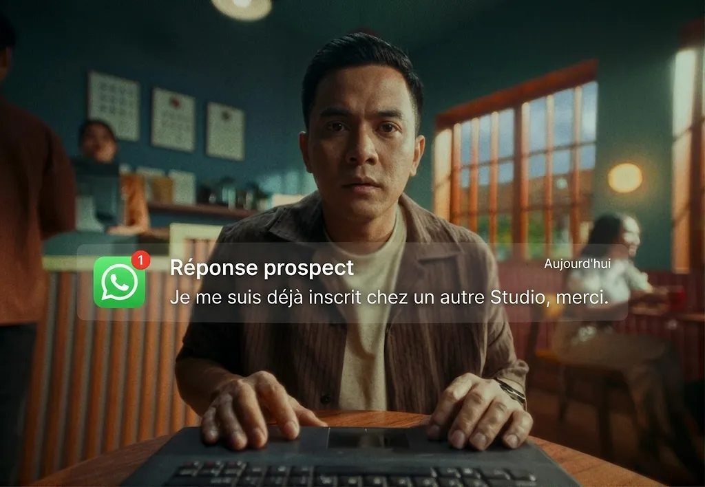 Un prospect devant son ordinateur reçoit une notification WhatsApp : « Je me suis déjà inscrit chez un autre studio, merci. »